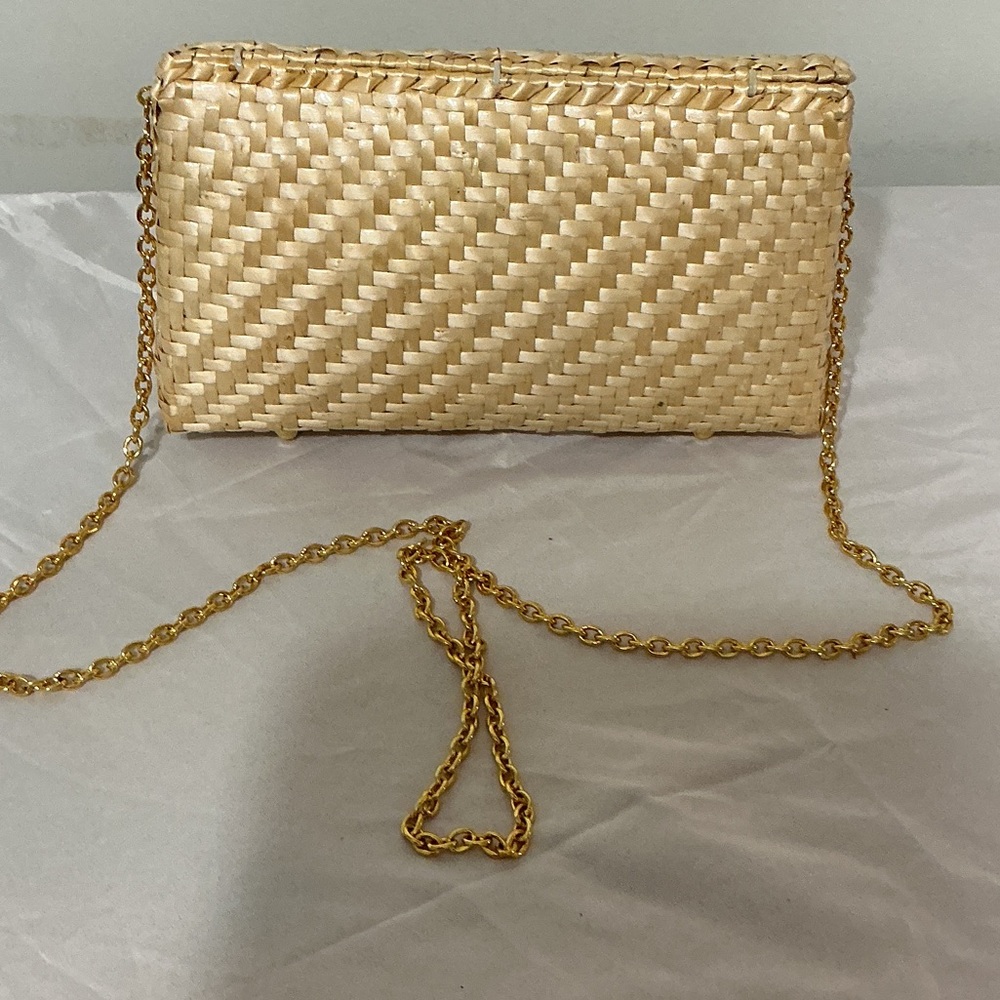 Elegant Woven Tan Clutch with Gold Vintage Koret Woven Straw Clutch Gold Chain S - Picture 4 of 4